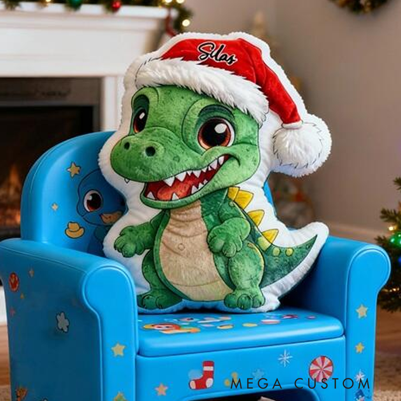 Personalized Christmas Dino Name Custom Soft Decorative Gift Green T Rex Style Cute Holiday Fun Cozy Playroom Lovely Boy Room Festive Cheerful Santa Hat Graphic 3D Print Pillow