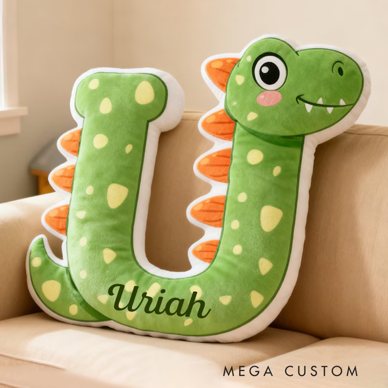Personalized Dinosaur Letter Name Custom Soft Decorative Gift Green Dragon Style Fun Cute Cozy Playroom Lovely Boy Room Jurassic Fantasy Friendly Creature Graphic 3D Print Pillow