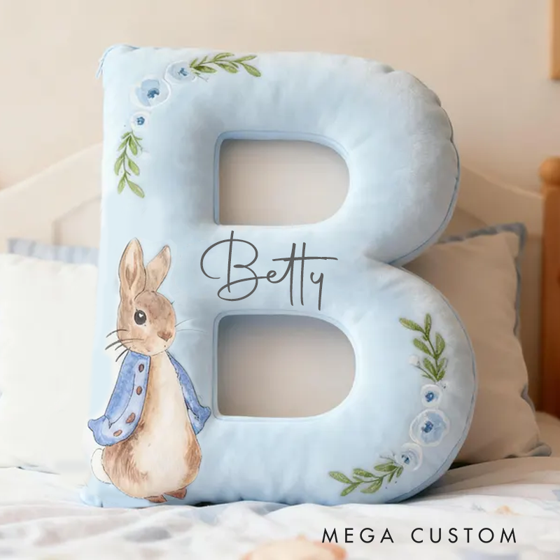 Personalized Bunny Letter Name Custom Soft Decorative Gift Floral Style Cute Gentle Cozy Bedroom Lovely Room Spring Garden Sweet Rabbit Accent Graphic 3D Print Pillow