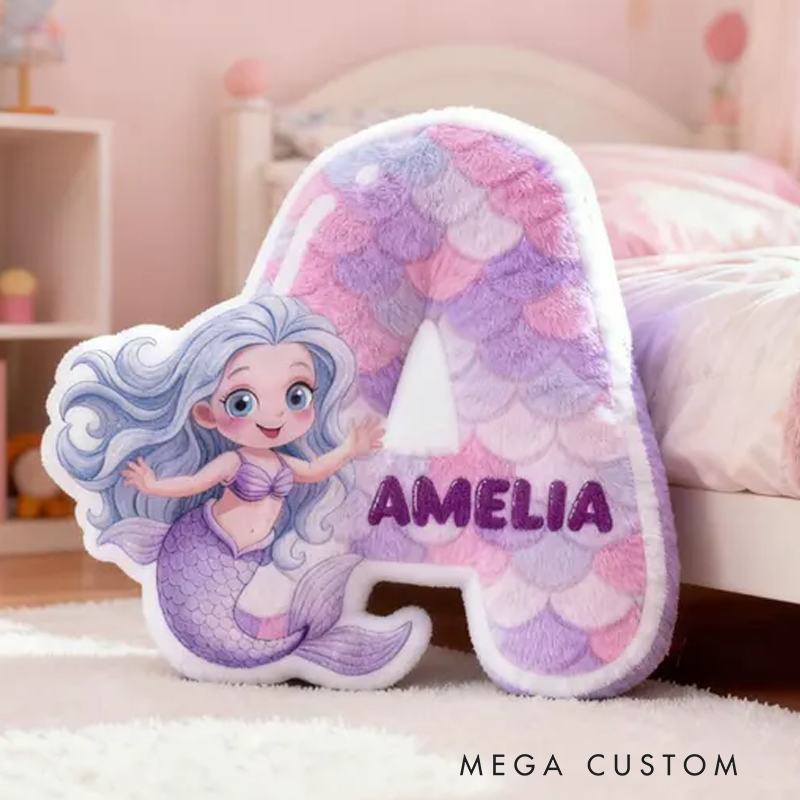 Personalized Mermaid Letter Name Custom Soft Decorative Gift Ocean Fantasy Style Cute Dream Lovely Princess Cozy Bedroom Playroom Pastel Scales Magical Sea Graphic 3D Print Pillow