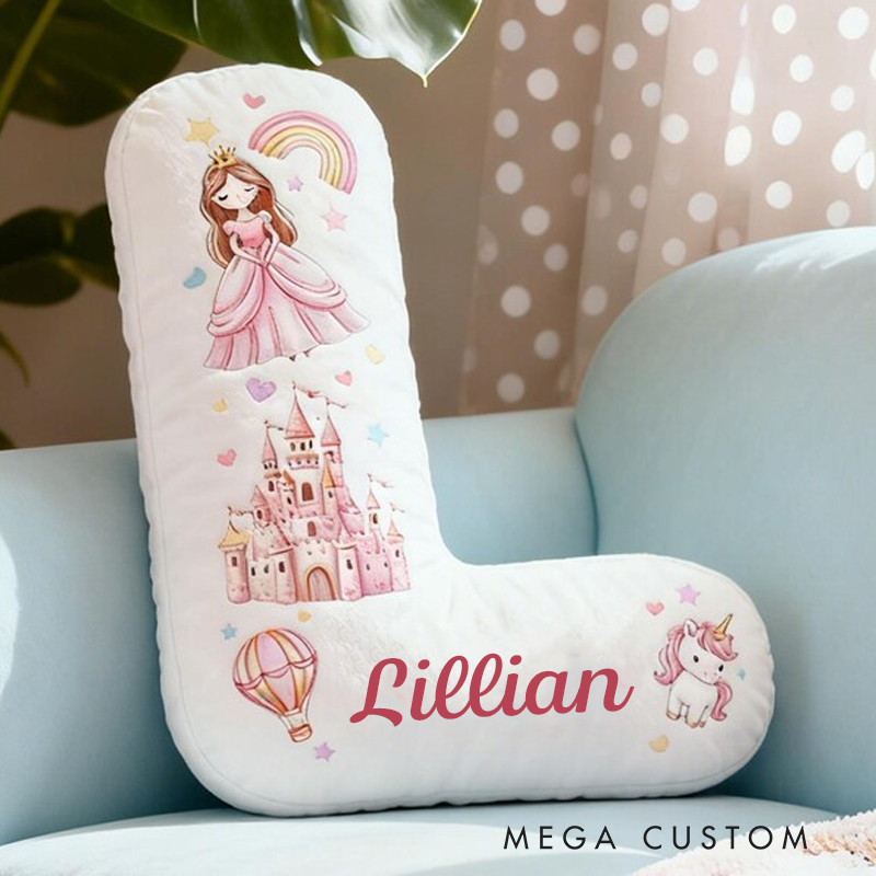 Personalized Princess Letter Name Custom Soft Decorative Gift Castle Dreamy Horse Style Cute Dream Lovely Fairy Tale Cozy Bedroom Playroom Magical Rainbow Heart Graphic 3D Print Pillow
