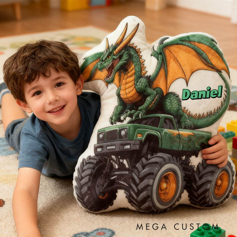 Personalized Dinosaur Monster Truck Name Custom Soft Decorative Gift Fun Playful Cozy Boy Room Exciting Power Wheels Graphic 3D Print Pillow
