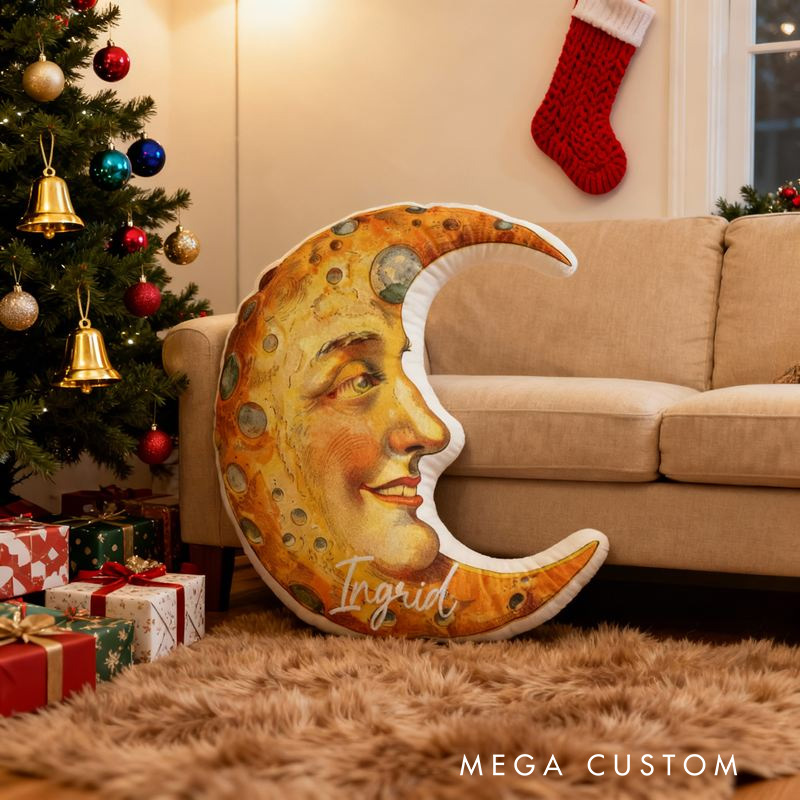 Personalized Moon Face Name Custom Soft Decorative Gift Celestial Dream Style Cozy Bedroom Magical Night Sky Star Romantic Fantasy Warm Glow Art Graphic 3D Print Pillow