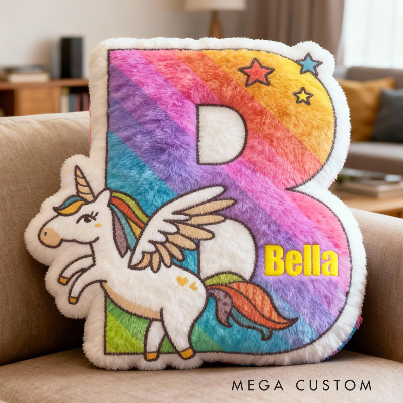 Personalized Rainbow Horse Letter Name Custom Soft Decorative Gift Magical Fantasy Style Cute Dream Lovely Princess Cozy Bedroom Playroom Colorful Star Graphic 3D Print Pillow