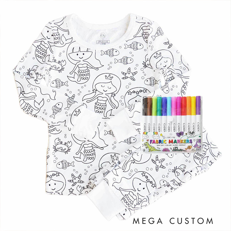 Personalized Coloring Custom  Mermaid Magic Creative Gift Fun Art Style Interactive Play Educational Cozy Sleepwear Cute Dream Kids DIY Drawing Adventure Colorable Two Piece Pajama Set
