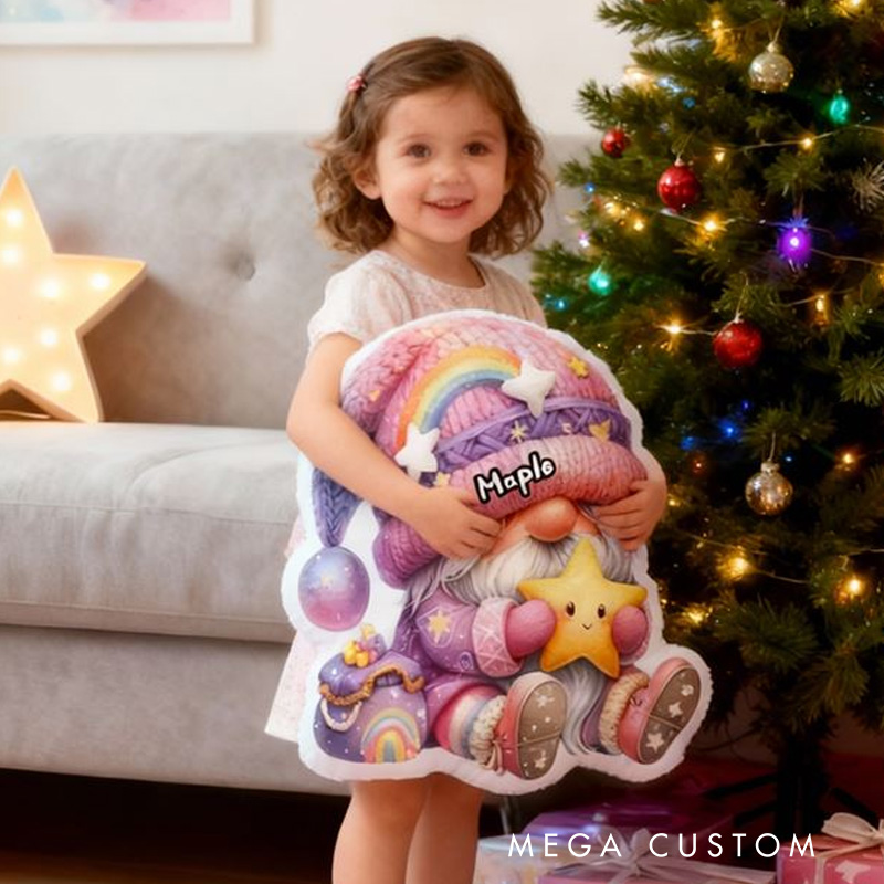 Personalized Rainbow Gnome Name Custom Soft Decorative Gift Magical Fantasy Style Cute Cozy Dream Colorful Star Moon Whimsical Joyful Home Decor Graphic 3D Print Pillow