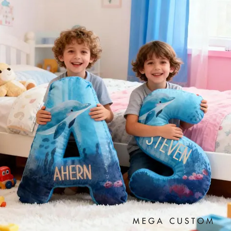 Personalized Dolphin Ocean Letter Name Custom Soft Decorative Gift Sea Adventure Style Blue Underwater Cute Cozy Wave Marine Animal Fantasy Graphic 3D Print Pillow