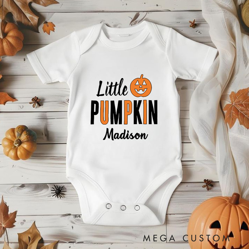 Personalized Little Pumpkin Featuring Halloween Motif and Customizable Name for Festive Baby Onesie