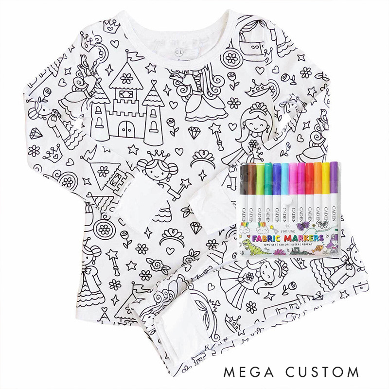 Personalized Princess Castle Name Custom Creative Gift Fairytale Magic Style Fun Playful Cozy Dream Art Drawing Adventure Cute Kids Fantasy Colorable Two Piece Pajama Set