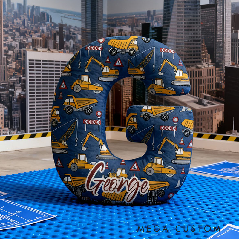 Personalized Construction Letter Name Custom Soft Decorative Gift Builder Truck Style Fun Cozy Kid Room Excavator Adventure Yellow Helmet Road Work Graphic 3D Print Pillow