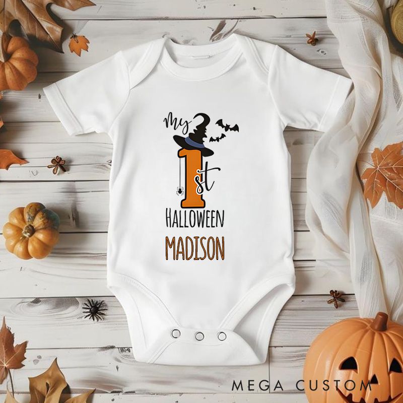 Personalized My First Halloween Featuring Number One and Customizable Name for Baby’s First Celebration Baby Onesie