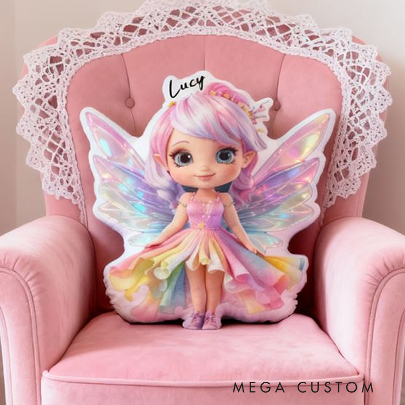 Personalized Fairy Girl Name Custom Soft Decorative Gift Magical Rainbow Style Sparkle Wings Cute Dream Whimsical Fantasy Colorful Cozy Room Decor Graphic 3D Print Pillow
