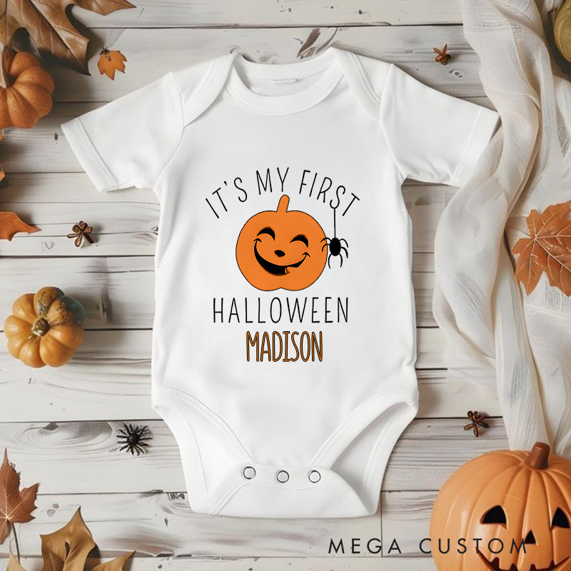 Personalized It’s My First Halloween Featuring Pumpkin and Spider Motif with Customizable Name for Baby Onesie