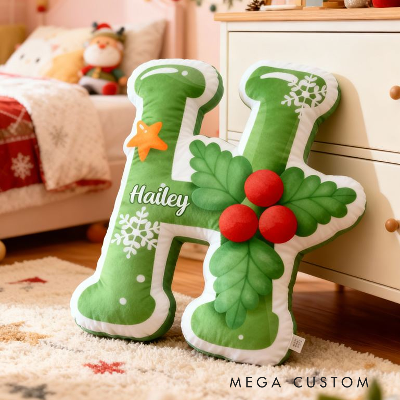 Personalized Merry Christmas Themed Green Initial Pillow For Kids Bedroom Graphic 3D Print Pillow