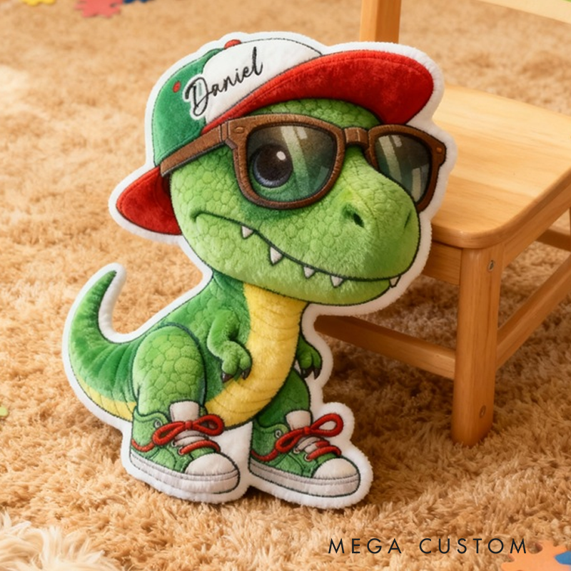 Personalized Green T Rex Wearing Red Sneakers And Hat For Boys Bedroom Graphic 3D Print Pillow