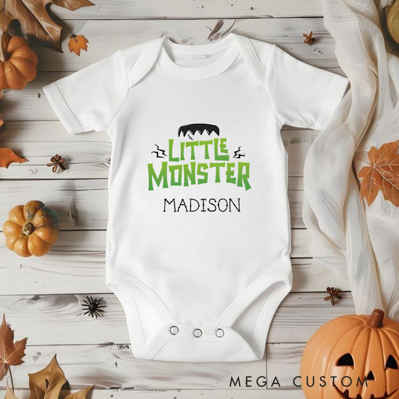 Personalized Little Monster Featuring Halloween Motif and Customizable Name for Fun and Festive Baby Onesie