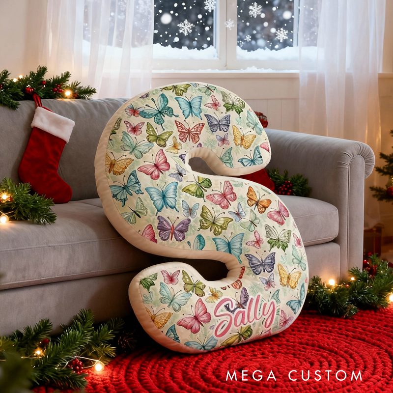 Personalized Butterfly-Patterned Letter with Name Graphic 3D Print Pillow Christmas Gift for Kids or Baby Birthday Gift