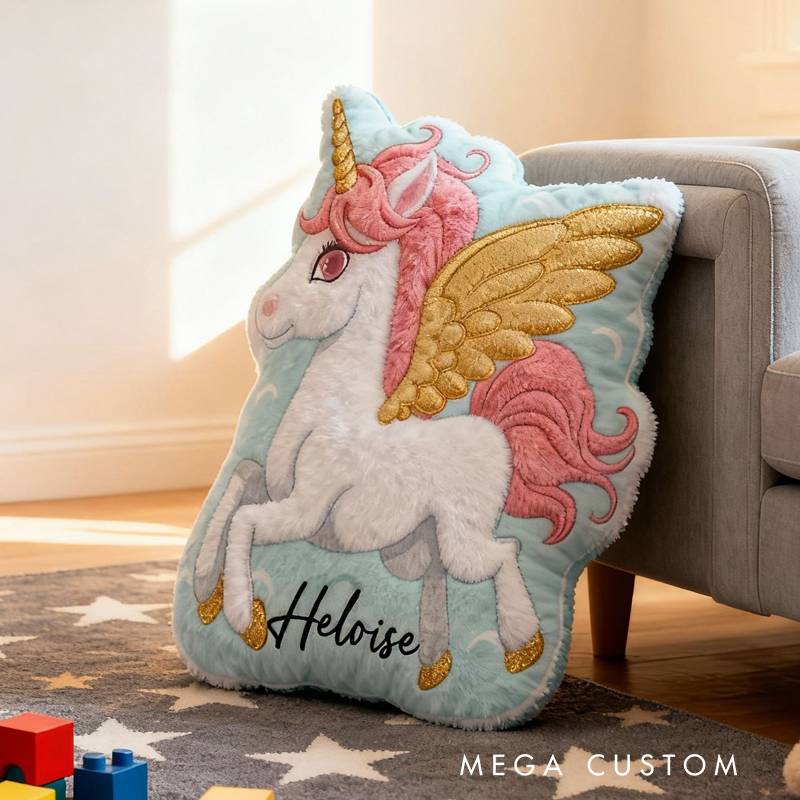 Personalized Flying Dream Horse With Golden Wings And Pink Mane For Kids Room Graphic 3D Print Pillow