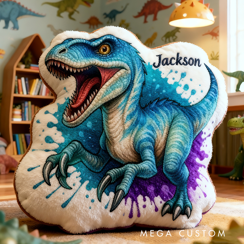 Personalized Blue Raptor Dinosaur Roaring With Splatter Art Kids Room Graphic 3D Print Pillow