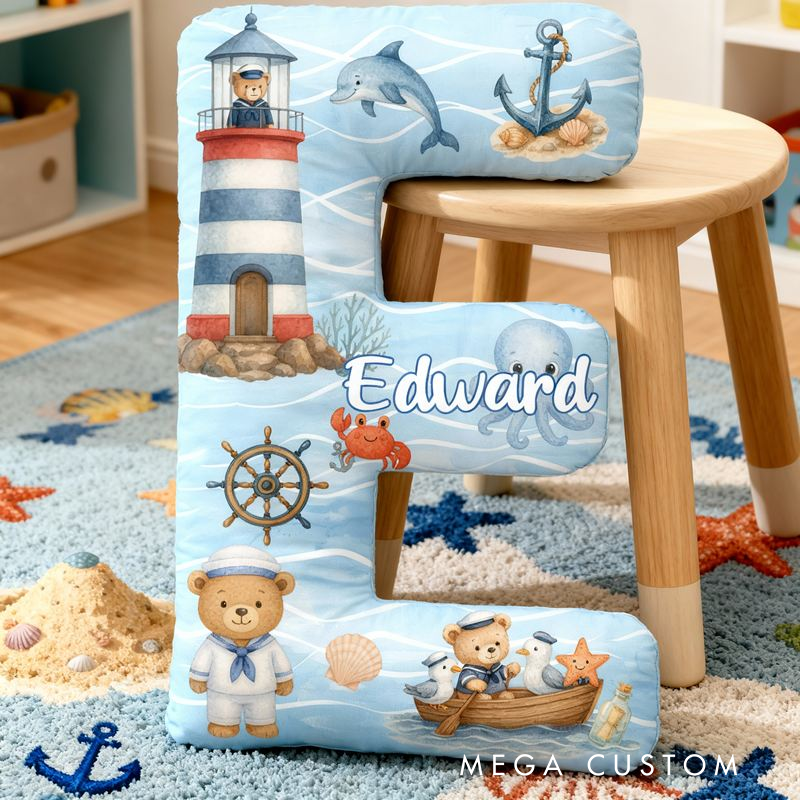 Personalized Nautical Letter Cushion With Lighthouse And Sailor Bears Graphic 3D Print Pillow