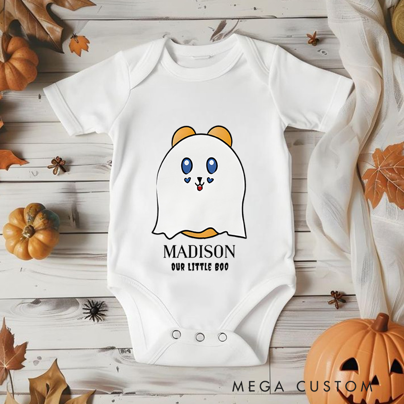 Personalized Our Little Boo Featuring Ghost Motif and Customizable Name for Baby’s Halloween Celebration Baby Onesie