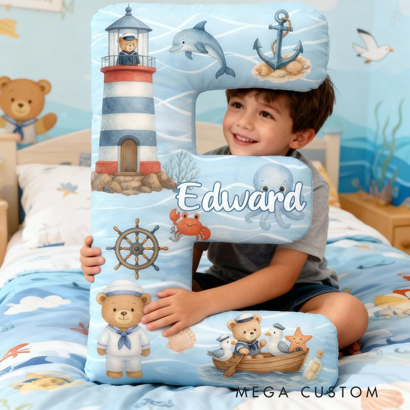 Personalized Nautical Letter Cushion With Lighthouse And Sailor Bears Graphic 3D Print Pillow