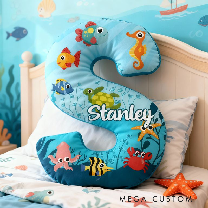 Personalized Ocean Letter Cushion With Colorful Fish And Sea Animals Graphic 3D Print Pillow