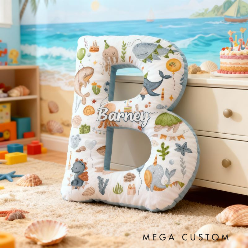 Personalized Ocean Letter Cushion With Whales Turtles And Sea Creatures Graphic 3D Print Pillow