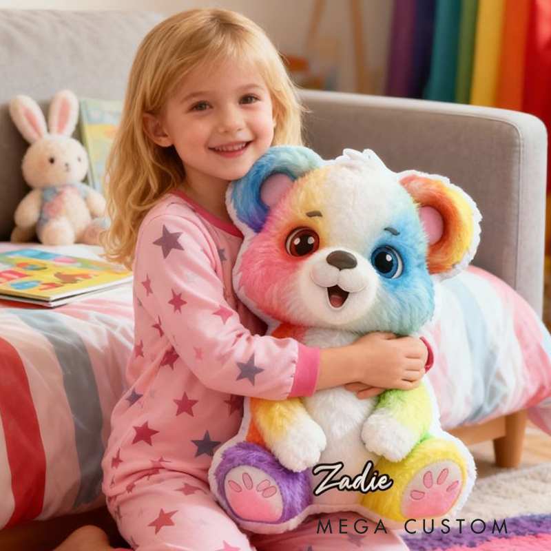 Personalized Cute Cartoon Rainbow Bear with Name Graphic 3D Print Pillow Christmas Gift for Kids or Baby Birthday Gift