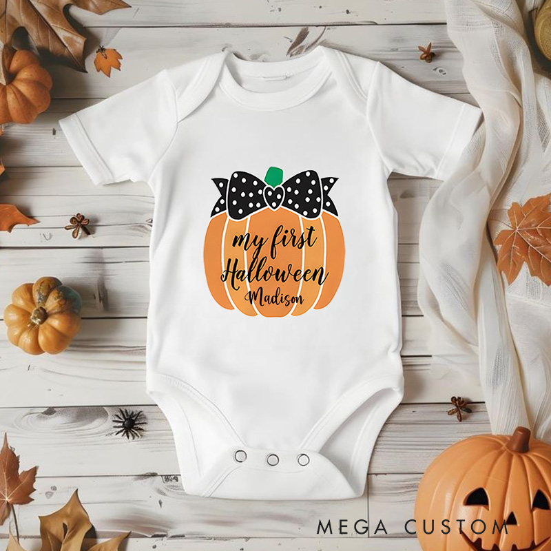 Personalized My First Halloween Featuring Polka Dot Bow Pumpkin and Customizable Name for Baby Onesie