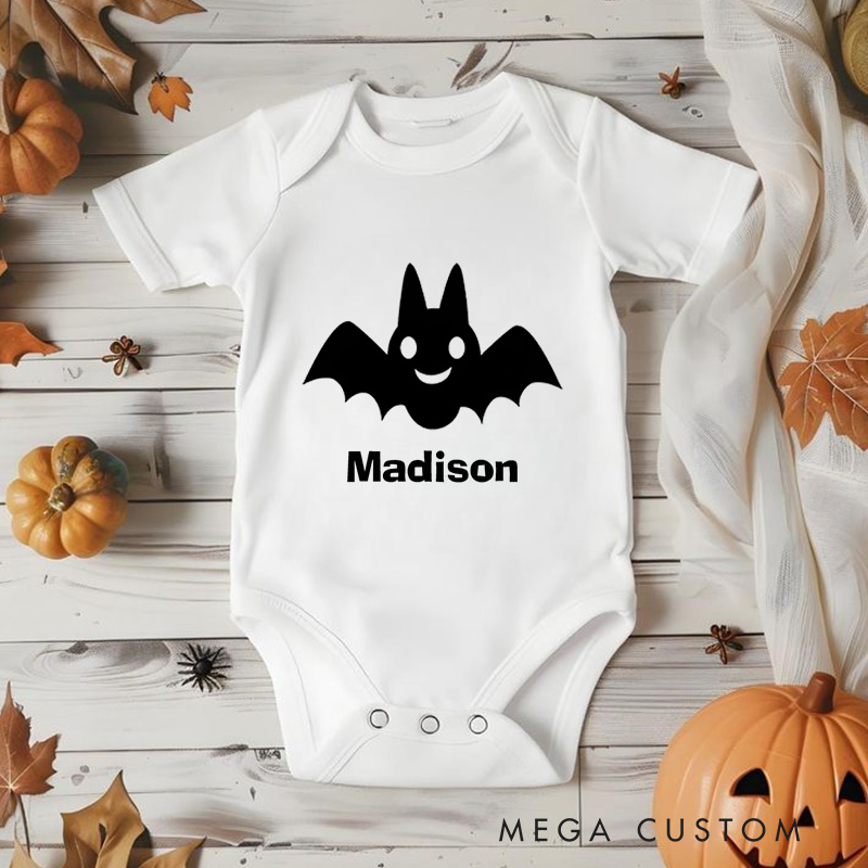 Personalized Halloween Bat Featuring Festive Motif and Customizable Name for Baby’s Halloween Outfit Baby Onesie