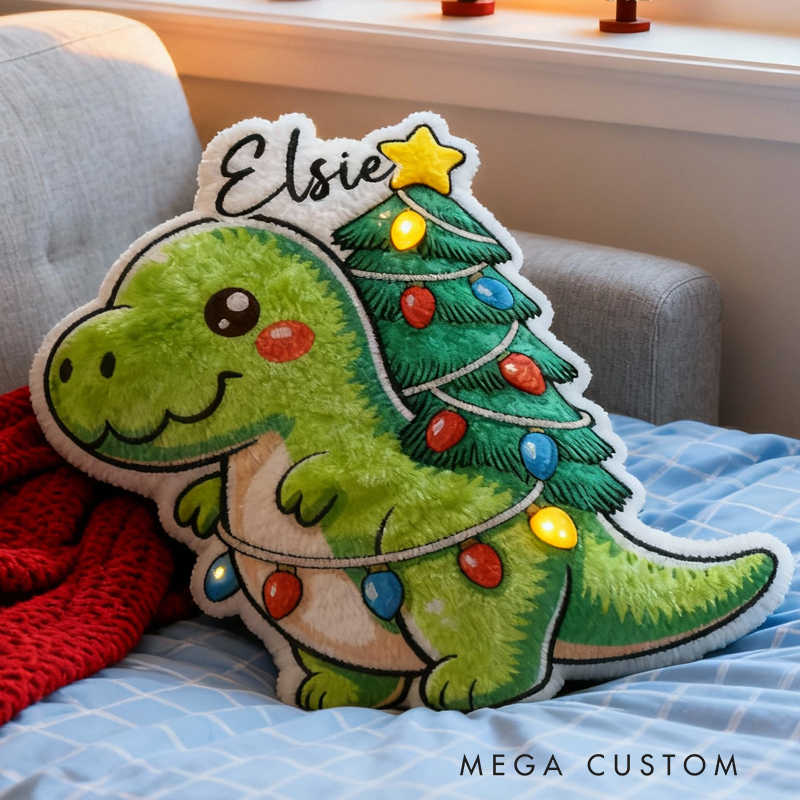 Personalized Christmas Dinosaur Cushion With Tree Lights Holiday Decor Graphic 3D Print Pillow
