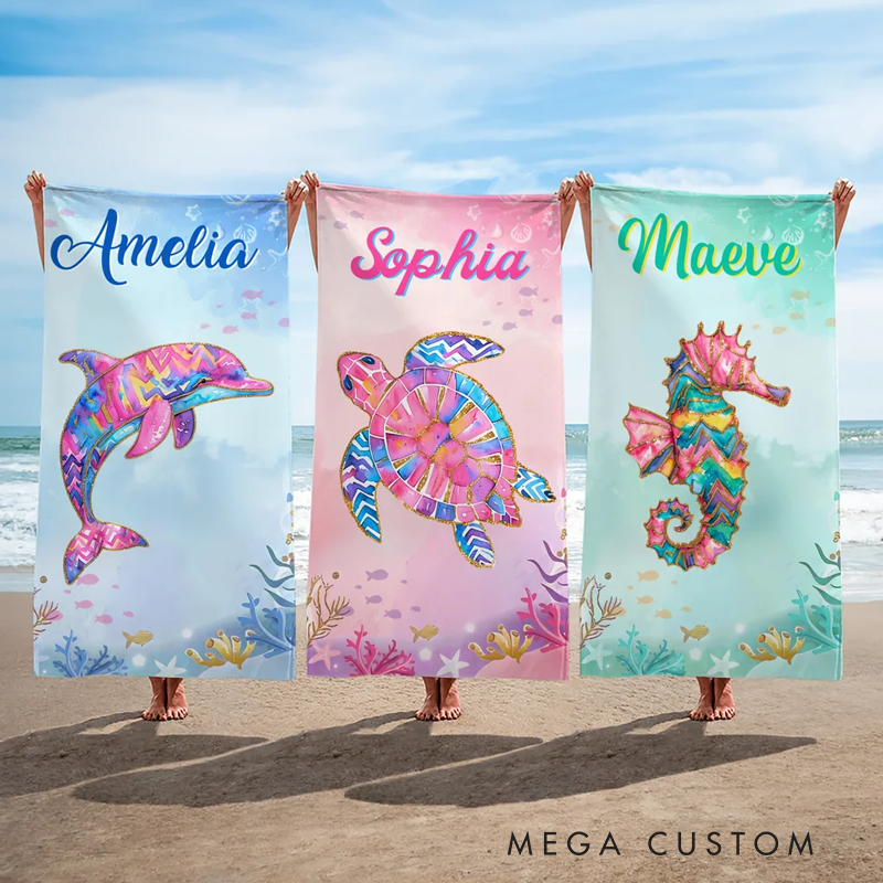 Personalized Watercolor Ocean Animals Oversized Quick Dry Beach Towel with Name Summer Vacation Accessory Birthday Gift for Family Friends