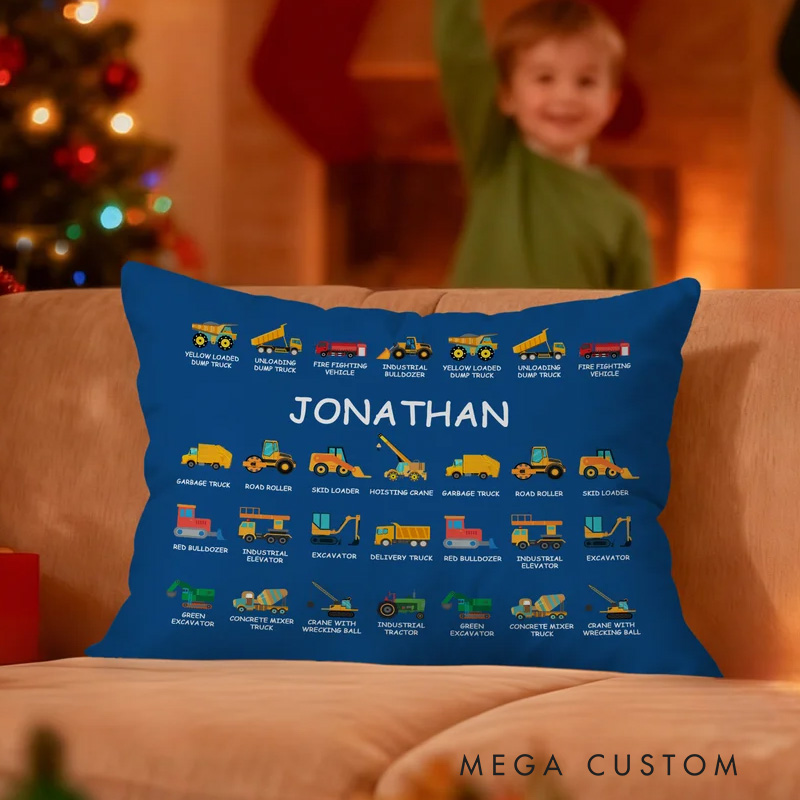Personalized Construction Truck Excavator Bulldozer Throw Pillow Cover with Name Home Decor Christmas Birthday Gift for Boys Truck Lovers