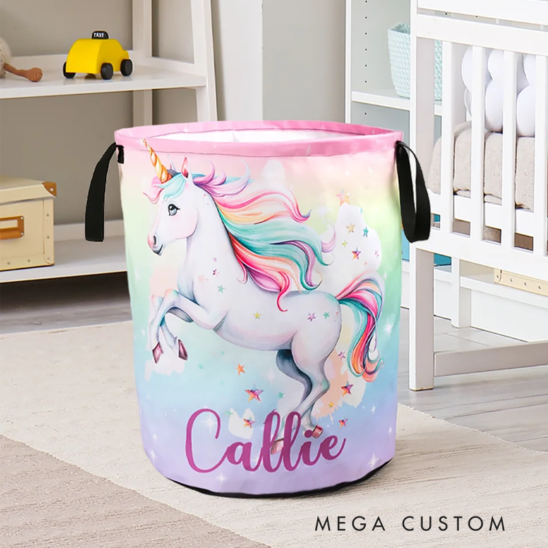 Personalized Dream Horse Name Large Toy Laundry Basket with Handle Waterproof Nursery Decoration Housewarming Gift for Kids