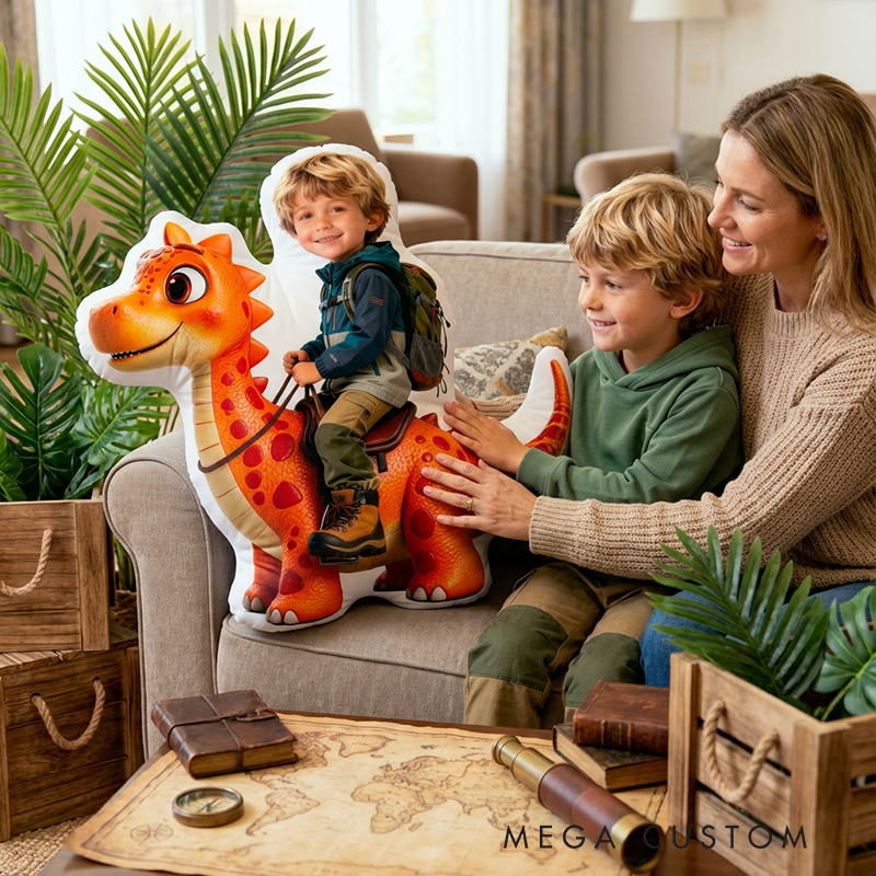 Personalized Face Portrait Pillow with Dinosaur Pattern with Name Graphic 3D Print Pillow Christmas Gift for Kids or Baby Birthday Gift