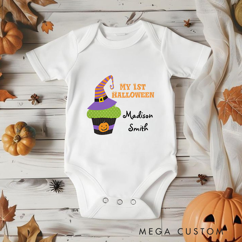 Personalized My First Halloween Featuring Witch Hat Cupcake and Customizable Name for Baby’s First Celebration Baby Onesie
