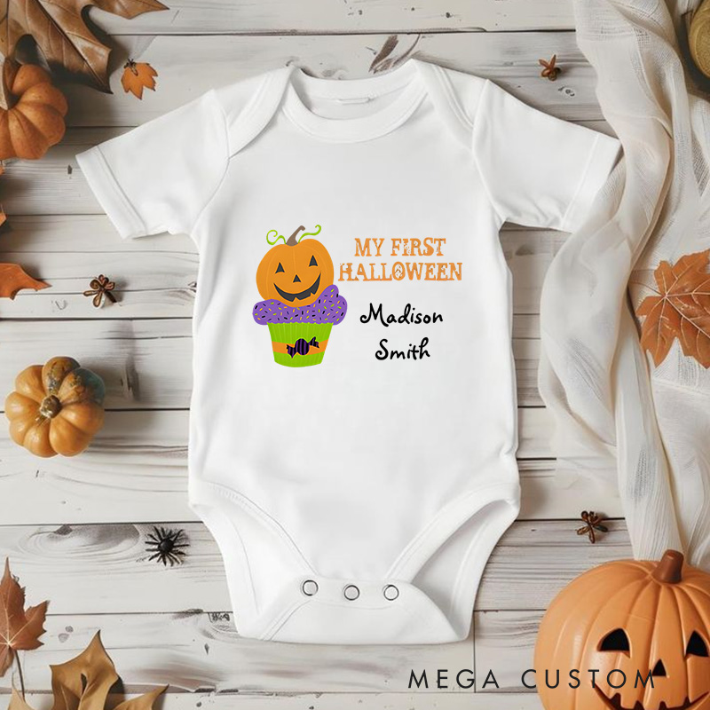 Personalized My First Halloween Featuring Pumpkin Cupcake and Customizable Name for Baby’s Festive Outfit Baby Onesie