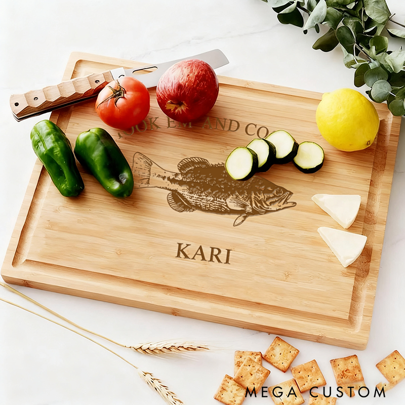 Personalized Bamboo Cutting Board Hook Em and Cook Em Design Custom Name Perfect Gift for Fishing Enthusiasts and Kitchen Lovers