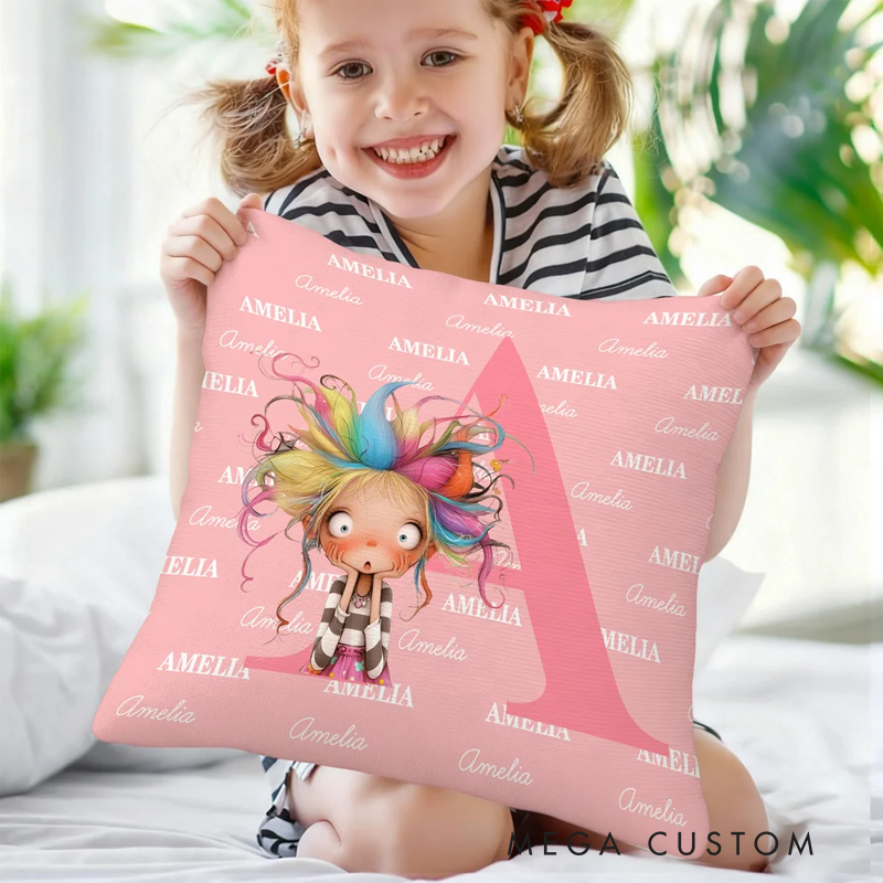 Personalized Multicolor Cute Cartoon Quirky Girl Soft Throw Pillow Cover with Name and Initial Home Decor Birthday Children's Day Gift for Girls