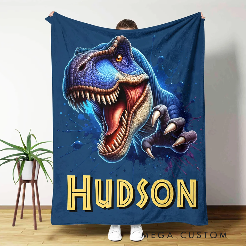 Personalized Cool Dinosaur Multicolor Cozy Throw Blanket with Name Home Decor Holiday Birthday Gift for Boys Girls Dinosaur Lovers