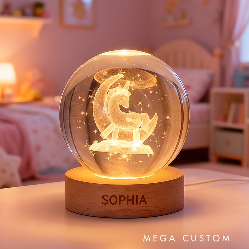 Personalized Moon And Dream Horse Night Light With Soft Glow For Kids Bedroom 3D Spherical Crystal Lamp