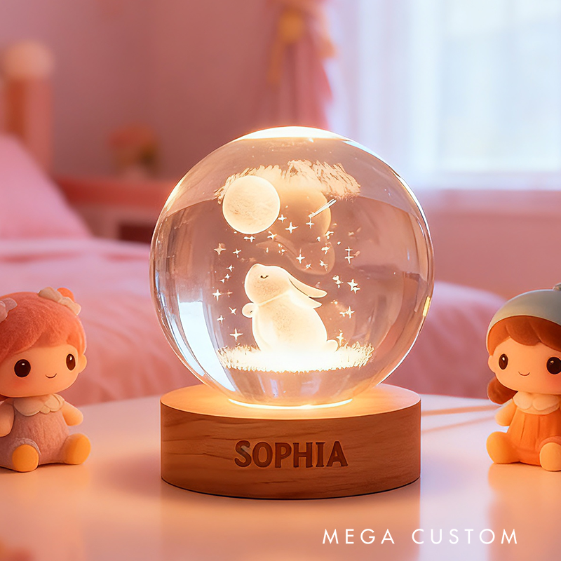 Personalized Adorable Rabbit Under Moon Lamp Creating Cozy Bedtime Glow 3D Spherical Crystal Lamp