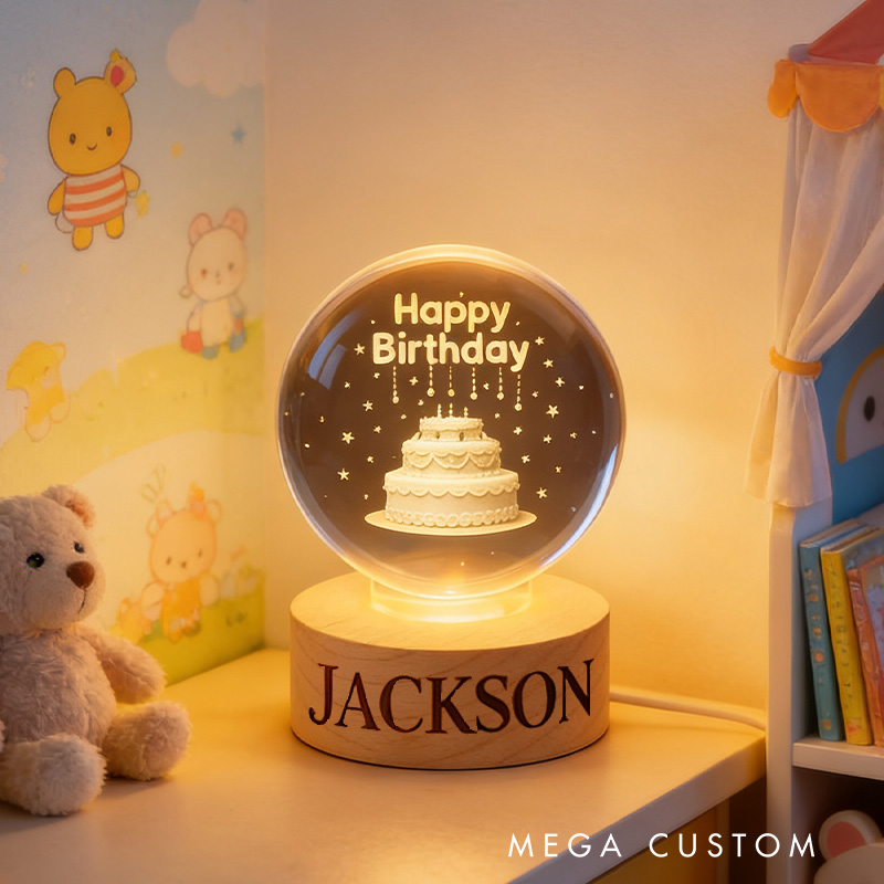 Personalized Happy Birthday Cake Night Light With Warm Glow For Celebration 3D Spherical Crystal Lamp