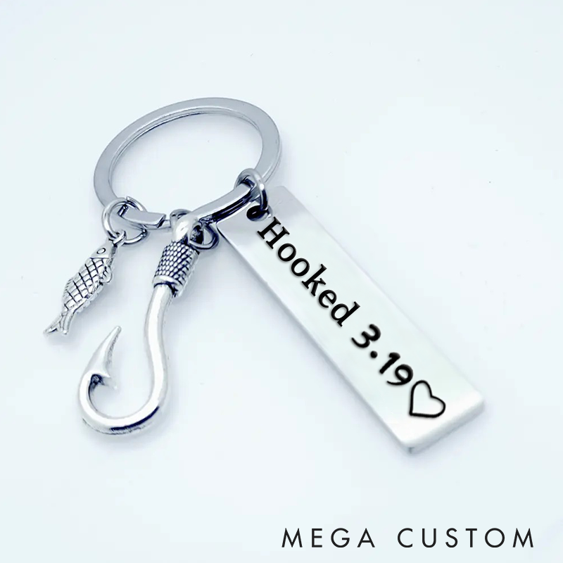 Personalized Fishing Keychain Hooked and Caught Design Custom Time Romantic Gift for Couples and Fishing Lovers