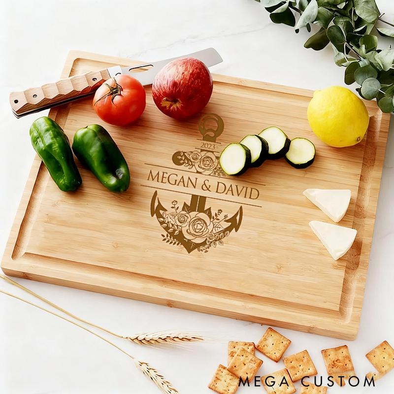 Personalized Bamboo Cutting Board with Anchor Design Custom Names and Time Perfect Gift for Fishing Lovers Nautical Decor or Special Occasions