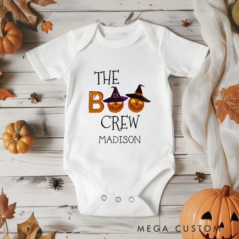 Personalized The Boo Crew Featuring Halloween Motif and Customizable Name for Baby’s Festive Outfit Baby Onesie