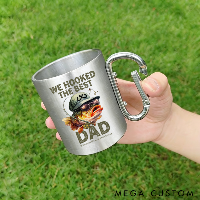 Personalized Stainless Steel Cup Funny Fishing Mug with Carabiner Handle Custom Names Perfect Gift for Fishing Enthusiast Dads Grandpas