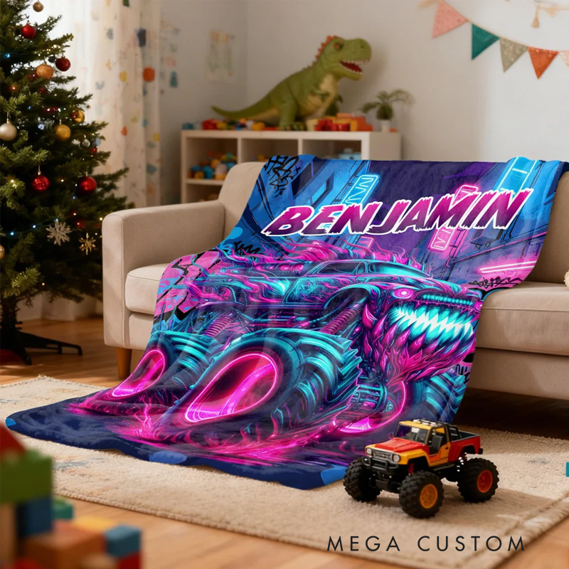 Personalized Monster Neon Truck Soft Throw Blanket with Name Home Decor Birthday Gift for Boys Truck Lovers