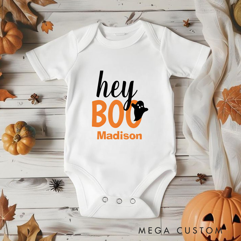Personalized Hey Boo Featuring Ghost Motif and Customizable Name for Baby’s Halloween Celebration Baby Onesie